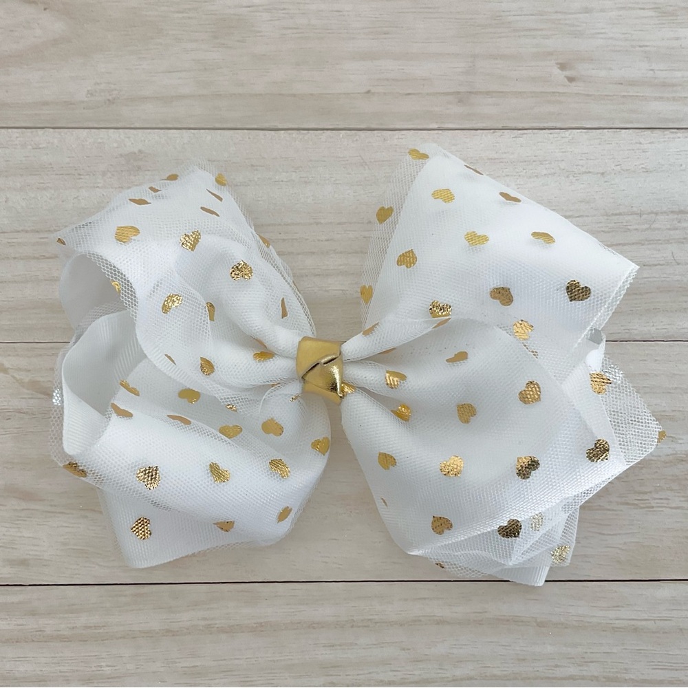 White & Gold Heart Girls Large Hair Bow